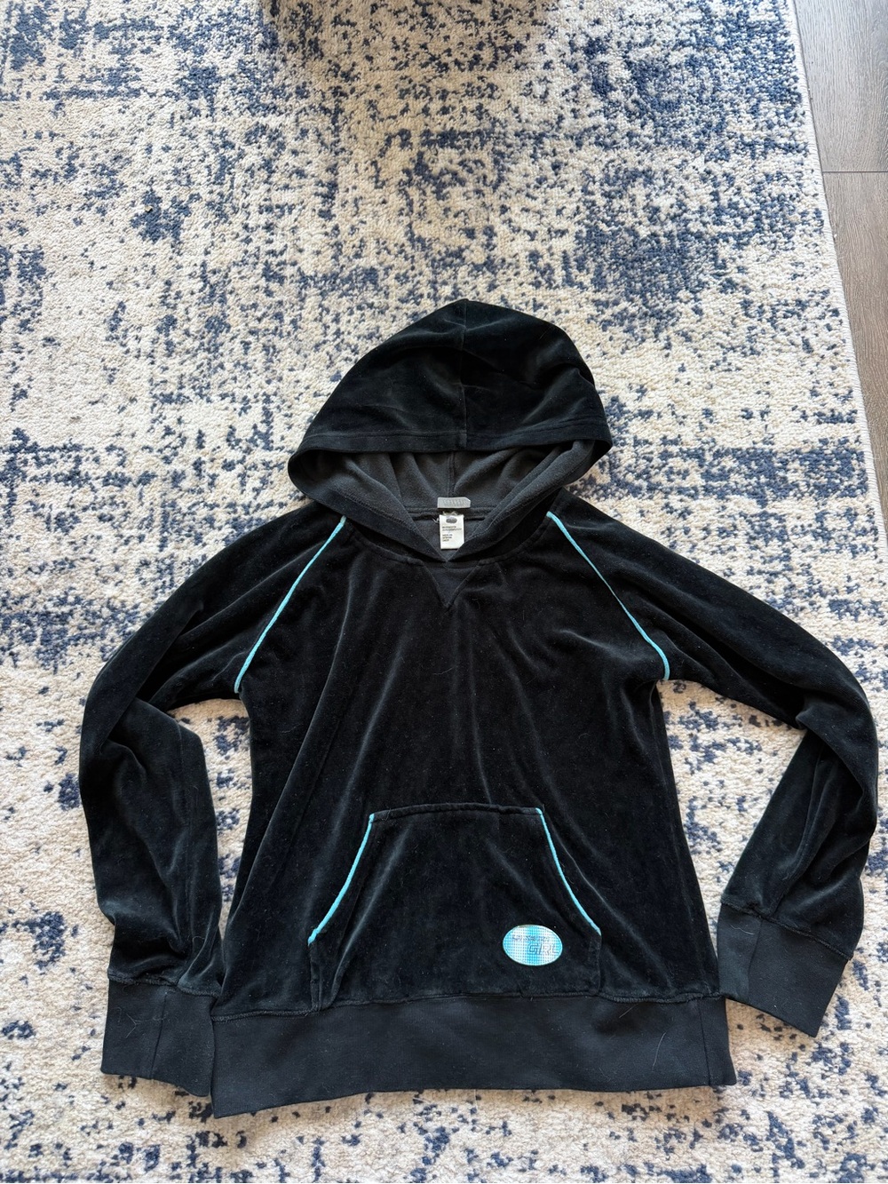 Y2K LA SENZA GIRL Black Velour Women’s Hoodie Velvet with Teal Trim